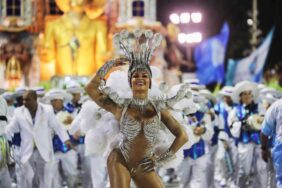 Drum queen Aline Riscado of Vila Isabel samba school performs during the second night of the Carnival parade at the Sambadrome in Rio de Janeiro, Brazil on February 24, 2020. (Photo by Sergio Moraes/Reuters)